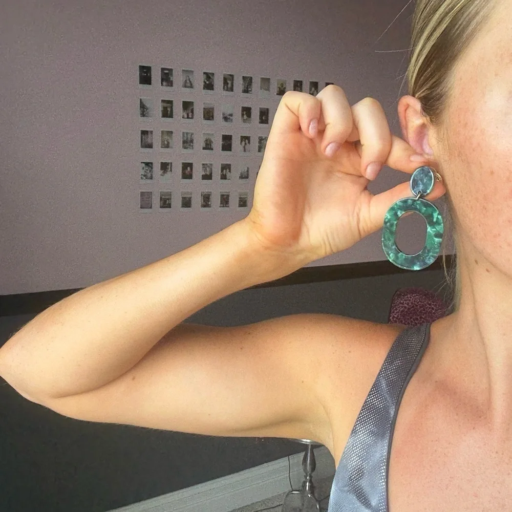 Elegant Green Oval Drop Dangle Earrings Marble Design